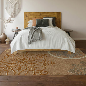 HomeRoots 10' X 14' Terra Cotta Gray Gold Floral Medallion Area Rug - Washable, UV Protected, & Durable Design 669570