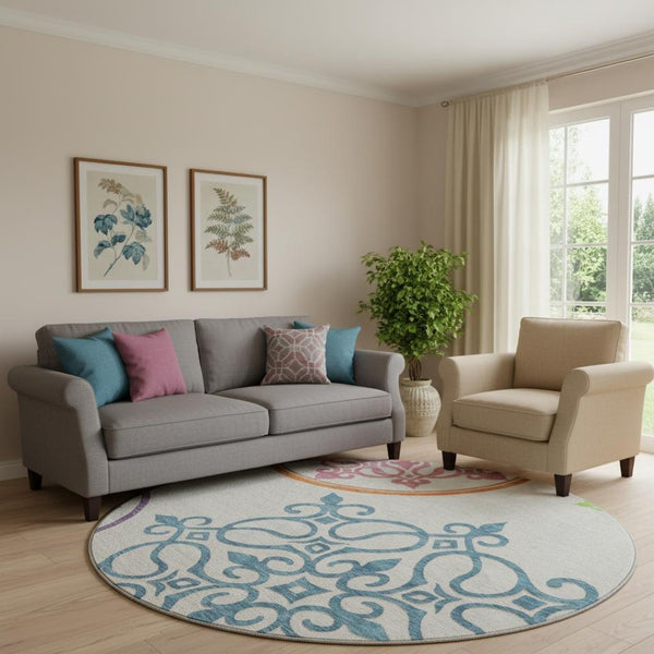 HomeRoots 8' Washable Round Rug with Floral Medallion Design – UV Protected, Stain Resistant, Family-Friendly Comfort 669573