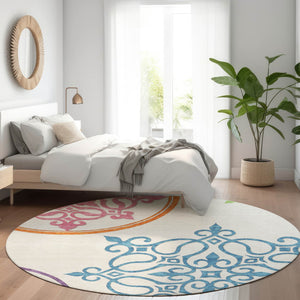 HomeRoots 8' Washable Round Rug with Floral Medallion Design – UV Protected, Stain Resistant, Family-Friendly Comfort 669573