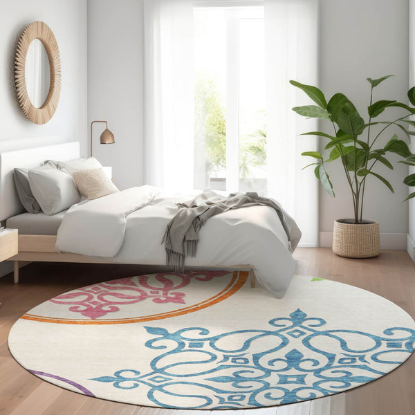 HomeRoots 8' Washable Round Rug with Floral Medallion Design – UV Protected, Stain Resistant, Family-Friendly Comfort 669573
