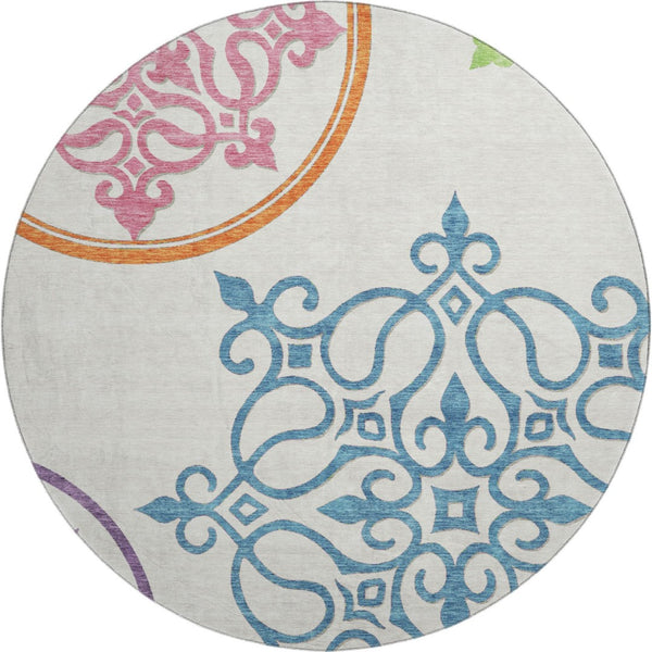HomeRoots 8' Washable Round Rug with Floral Medallion Design – UV Protected, Stain Resistant, Family-Friendly Comfort 669573