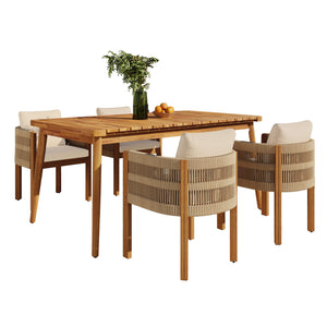 English Elm Christopher Knight Home® - Outdoor Dining Set with Acacia Wood Frames, 63" Slatted Table & 4 Chairs with Waterproof Washable Cushions Beige,Brown,Teak N779P269291N_N779P279983B-2