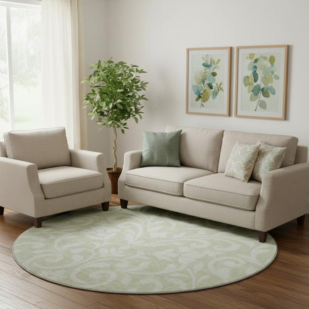 HomeRoots 8' Artichoke Green & Ivory Floral Washable Round Rug with UV Protection for High-Traffic Areas 669579