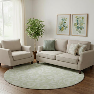 HomeRoots 8' Artichoke Green & Ivory Floral Washable Round Rug with UV Protection for High-Traffic Areas 669579