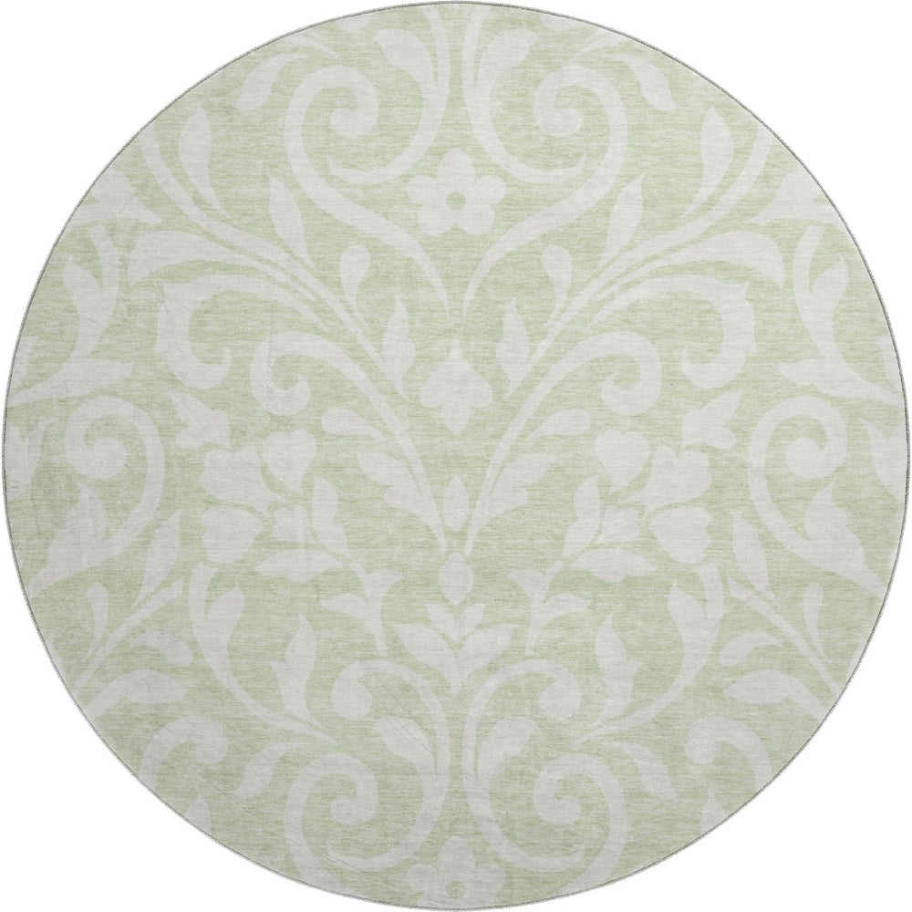 HomeRoots 8' Artichoke Green & Ivory Floral Washable Round Rug with UV Protection for High-Traffic Areas 669579