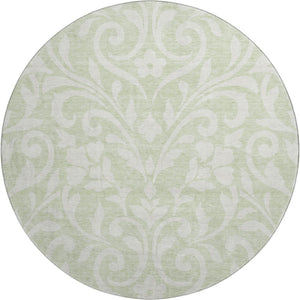 HomeRoots 8' Artichoke Green & Ivory Floral Washable Round Rug with UV Protection for High-Traffic Areas 669579