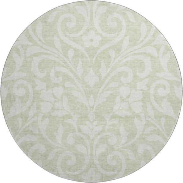 HomeRoots 8' Artichoke Green & Ivory Floral Washable Round Rug with UV Protection for High-Traffic Areas 669579