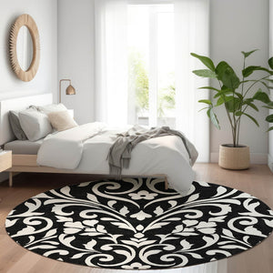 HomeRoots 8' Black and Ivory Floral Washable Round Rug - UV Protected, Durable, Easy-Clean for Family Spaces 669585