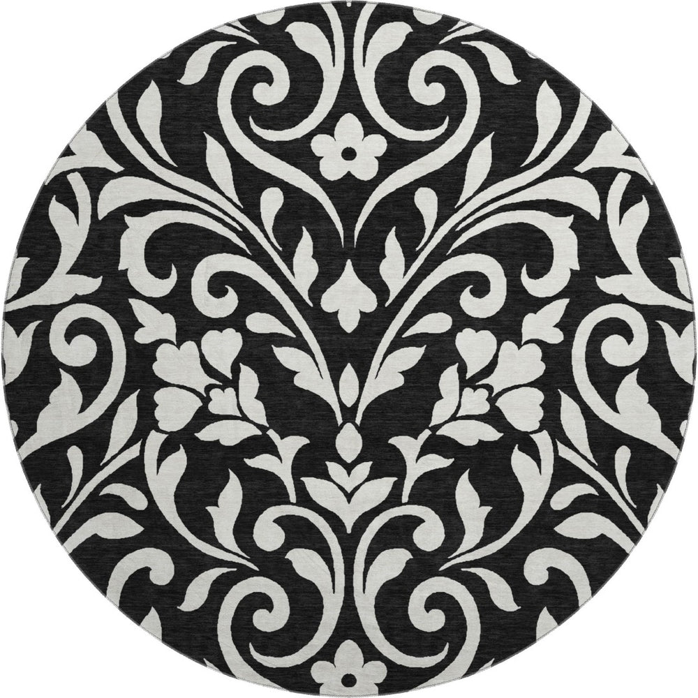 HomeRoots 8' Black and Ivory Floral Washable Round Rug - UV Protected, Durable, Easy-Clean for Family Spaces 669585