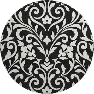 HomeRoots 8' Black and Ivory Floral Washable Round Rug - UV Protected, Durable, Easy-Clean for Family Spaces 669585