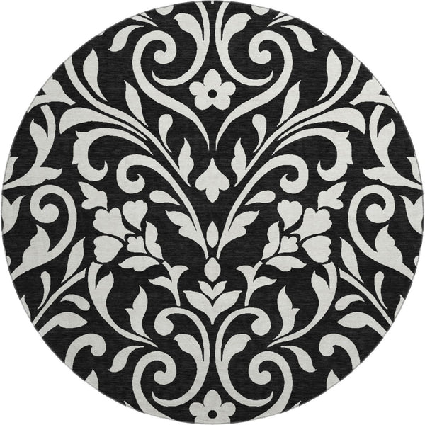 HomeRoots 8' Black and Ivory Floral Washable Round Rug - UV Protected, Durable, Easy-Clean for Family Spaces 669585