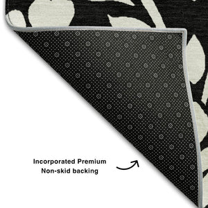 HomeRoots 8' Black and Ivory Floral Washable Round Rug - UV Protected, Durable, Easy-Clean for Family Spaces 669585