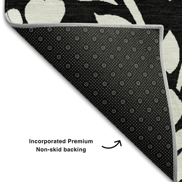 HomeRoots 8' Black and Ivory Floral Washable Round Rug - UV Protected, Durable, Easy-Clean for Family Spaces 669585