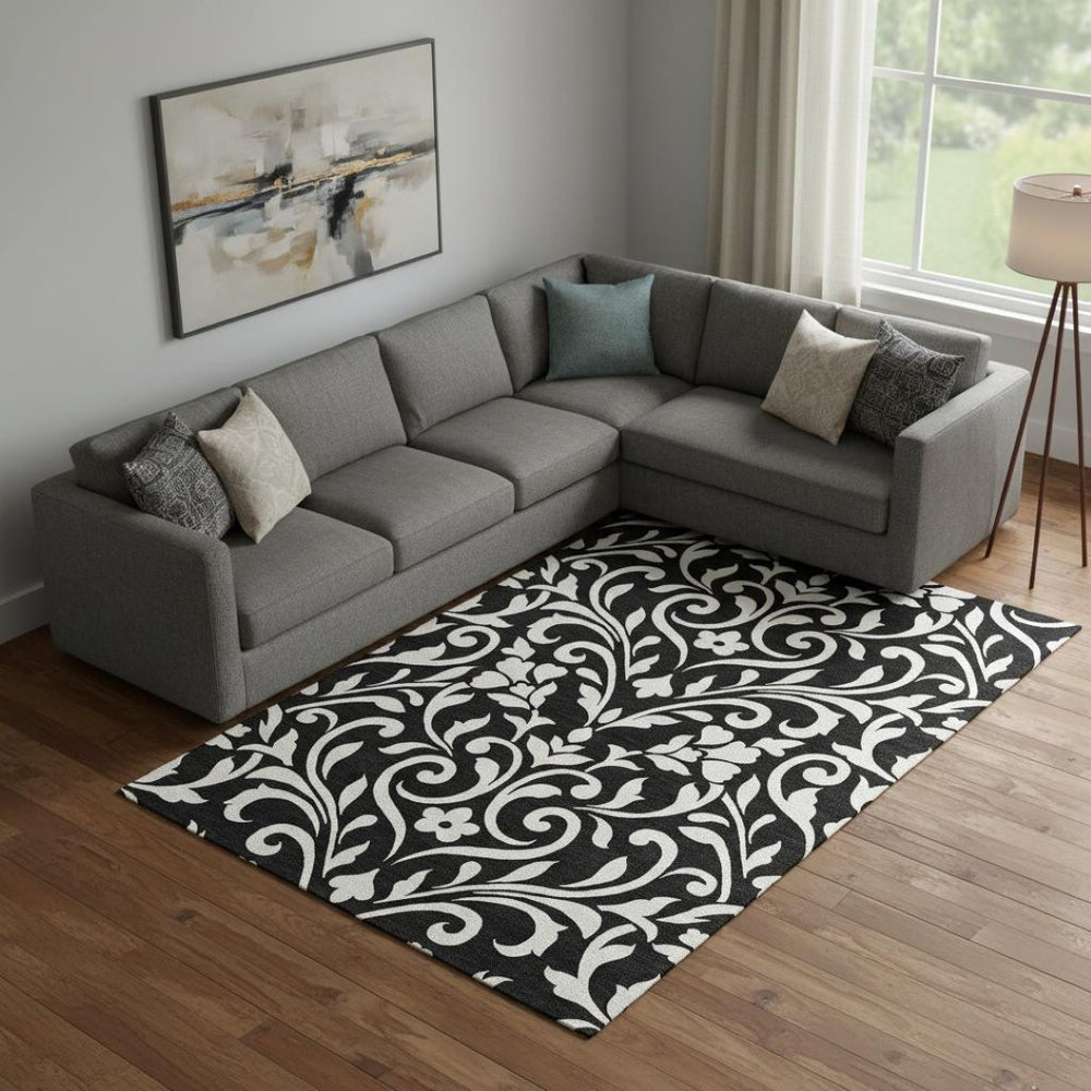 HomeRoots 8' X 10' Black and Ivory Floral Area Rug - Washable, UV Protected, Stain Resistant & Stylish Decor Solution 669586