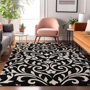 HomeRoots 8' X 10' Black and Ivory Floral Area Rug - Washable, UV Protected, Stain Resistant & Stylish Decor Solution 669586