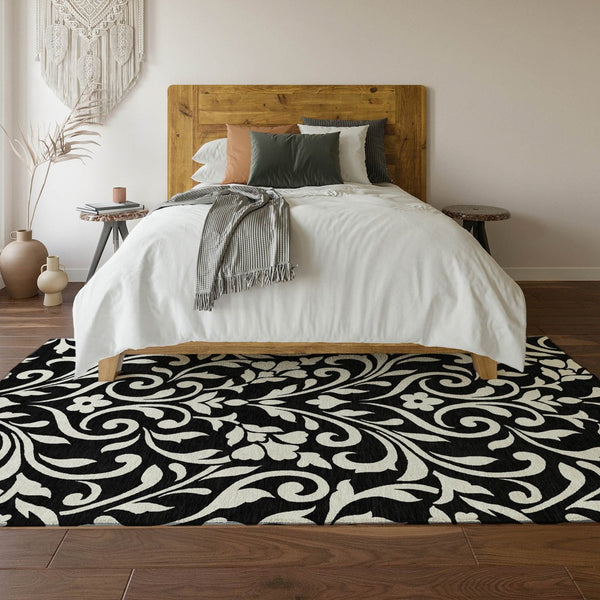 HomeRoots 10' X 14' Elegant Black and Ivory Floral Area Rug - Washable, UV Protected, Perfect for Busy Homes 669588