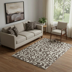 HomeRoots 5' X 8' Chocolate & Beige Floral Area Rug - Durable, Washable, UV-Protected for Pet-Friendly Homes 669590