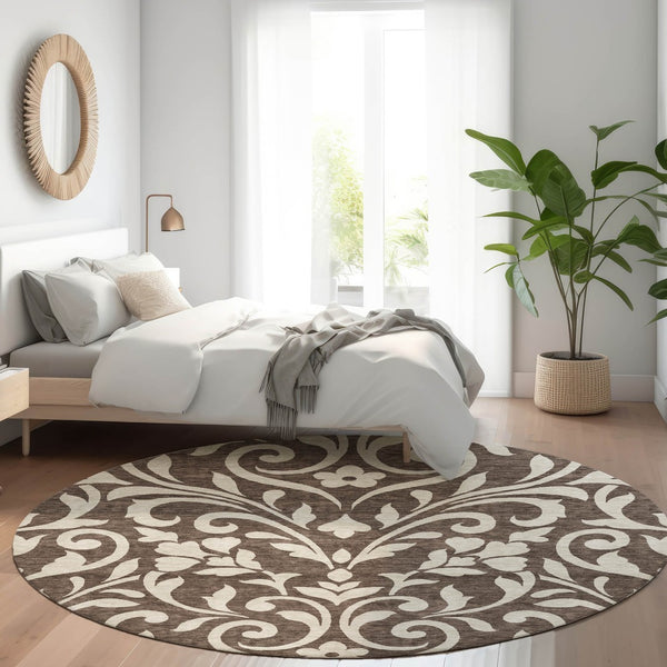 HomeRoots 8' Chocolate and Beige Floral Round Rug – Washable, UV Protected, & Ideal for Homes with Kids & Pets! 669591