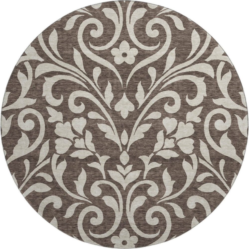HomeRoots 8' Chocolate and Beige Floral Round Rug – Washable, UV Protected, & Ideal for Homes with Kids & Pets! 669591