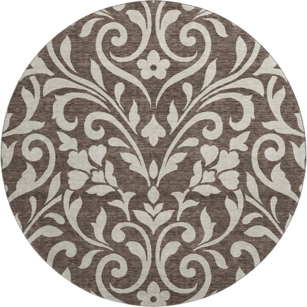 HomeRoots 8' Chocolate and Beige Floral Round Rug – Washable, UV Protected, & Ideal for Homes with Kids & Pets! 669591