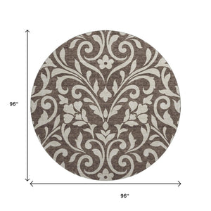 HomeRoots 8' Chocolate and Beige Floral Round Rug – Washable, UV Protected, & Ideal for Homes with Kids & Pets! 669591