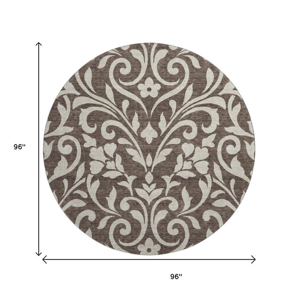 HomeRoots 8' Chocolate and Beige Floral Round Rug – Washable, UV Protected, & Ideal for Homes with Kids & Pets! 669591
