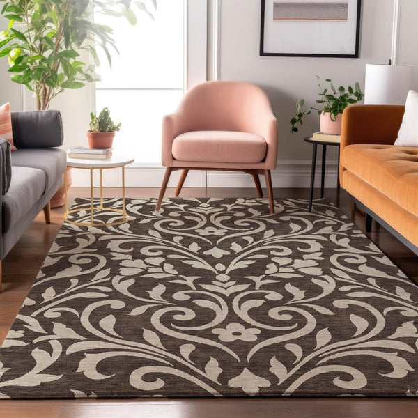 HomeRoots 8' X 10' Chocolate & Beige Floral Area Rug - Washable, UV Protected, Durable, Pet-Friendly Design 669592