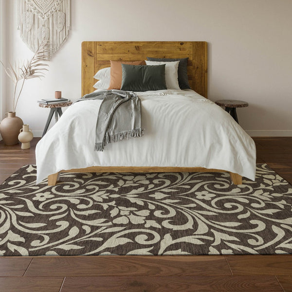 HomeRoots 8' X 10' Chocolate & Beige Floral Area Rug - Washable, UV Protected, Durable, Pet-Friendly Design 669592
