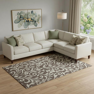 HomeRoots 9' X 12' Chocolate & Beige Floral Washable Area Rug - Durable, Stain-Resistant, UV Protected Elegance 669593