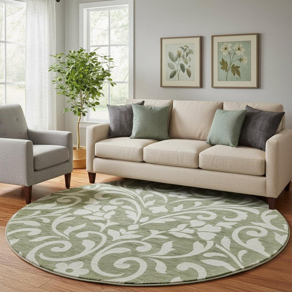 HomeRoots 8' Fern Green & Beige Floral Round Washable Rug - Durable, UV-Protected, Perfect for High-Traffic Areas 669597