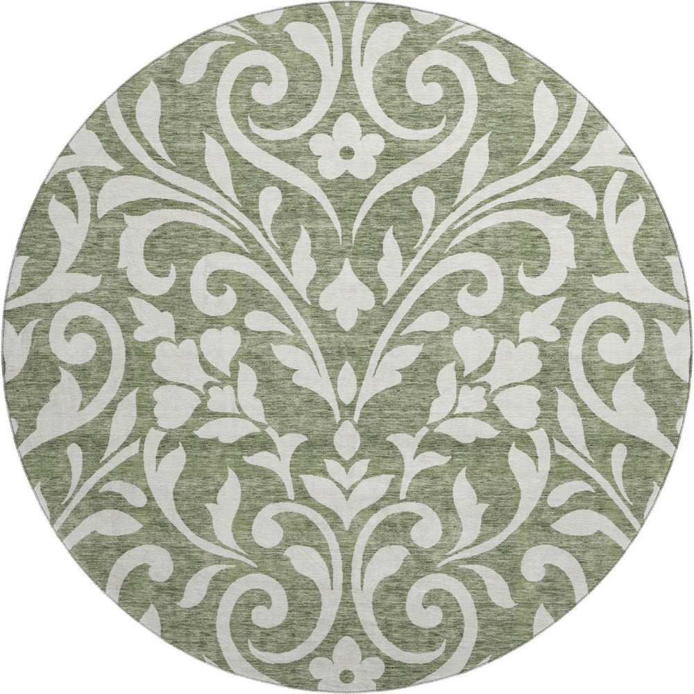 HomeRoots 8' Fern Green & Beige Floral Round Washable Rug - Durable, UV-Protected, Perfect for High-Traffic Areas 669597