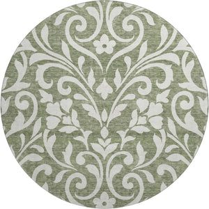 HomeRoots 8' Fern Green & Beige Floral Round Washable Rug - Durable, UV-Protected, Perfect for High-Traffic Areas 669597