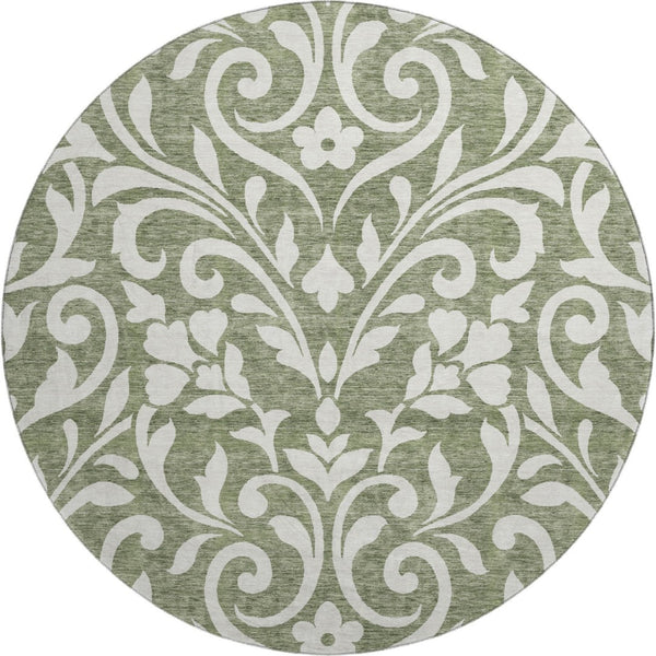 HomeRoots 8' Fern Green & Beige Floral Round Washable Rug - Durable, UV-Protected, Perfect for High-Traffic Areas 669597