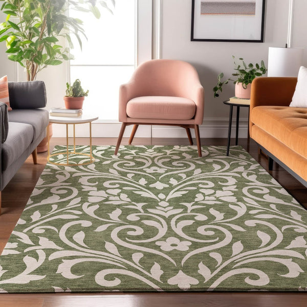 HomeRoots 10' Floral Area Rug in Fern Green & Beige - Washable, UV Protected, Stain Resistant for Active Homes 669600