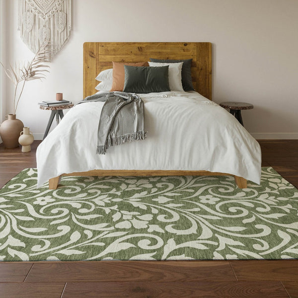 HomeRoots 10' Floral Area Rug in Fern Green & Beige - Washable, UV Protected, Stain Resistant for Active Homes 669600