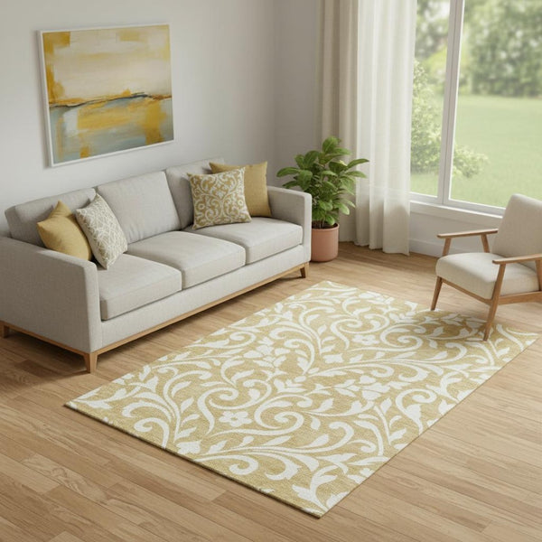 HomeRoots 5' X 8' Elegant Gold and Ivory Floral Washable Area Rug with UV Protection for Busy Homes 669602