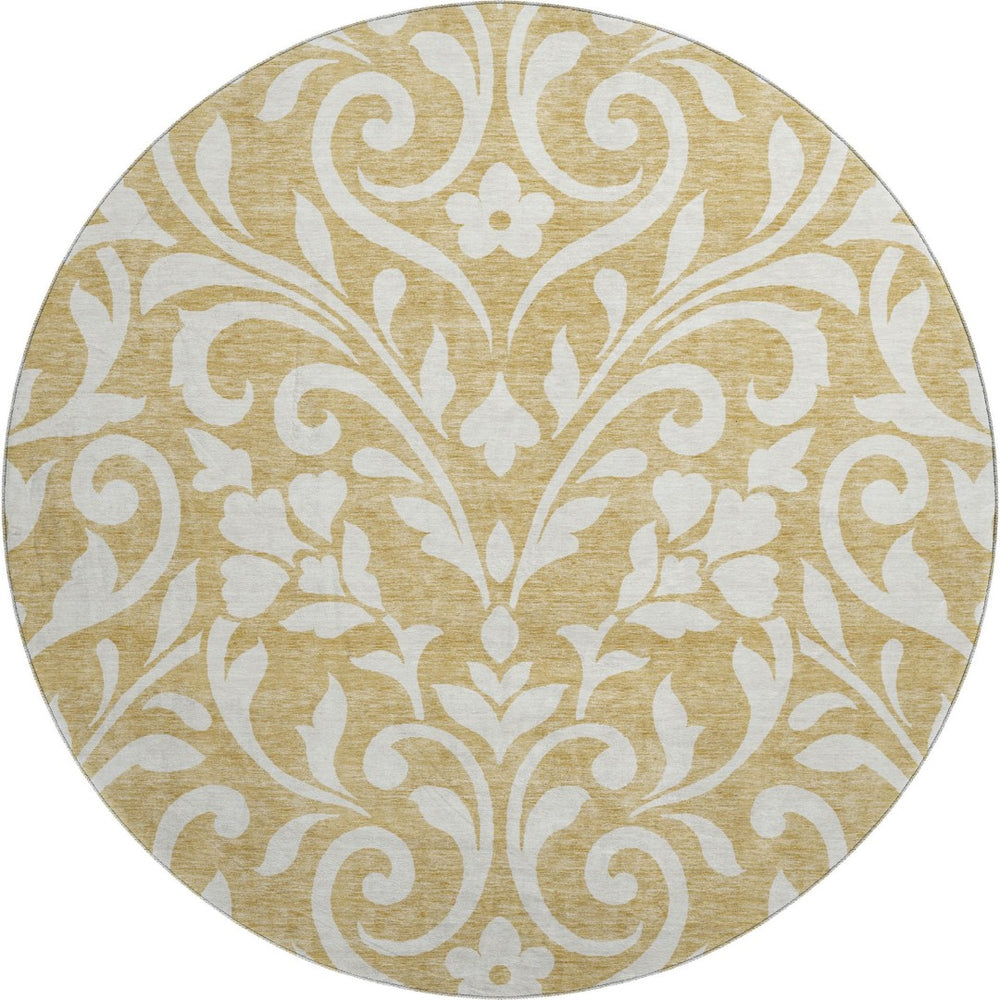 HomeRoots 8' Gold and Ivory Floral Round Rug - Washable, UV-Protected, Stain Resistant for Stylish Durability 669603