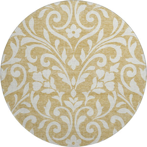 HomeRoots 8' Gold and Ivory Floral Round Rug - Washable, UV-Protected, Stain Resistant for Stylish Durability 669603