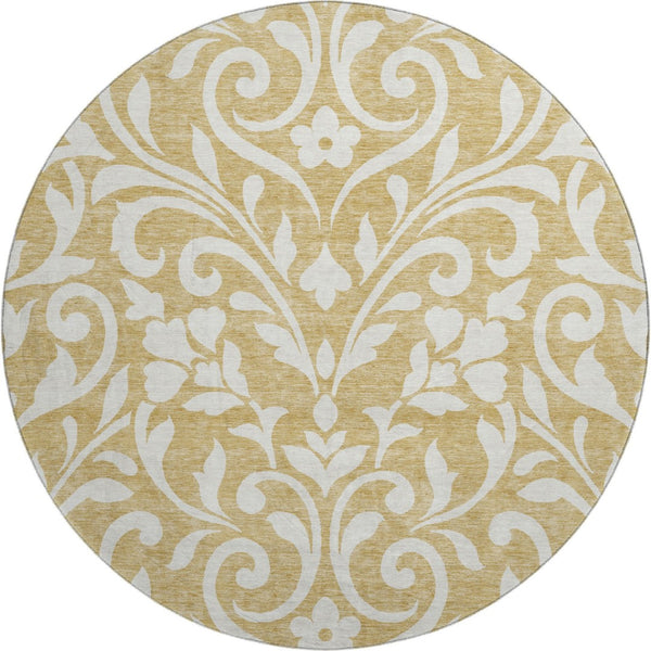 HomeRoots 8' Gold and Ivory Floral Round Rug - Washable, UV-Protected, Stain Resistant for Stylish Durability 669603