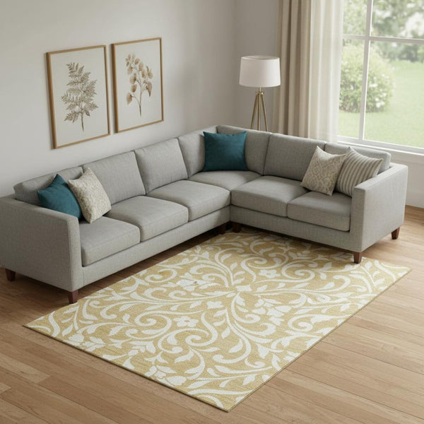 HomeRoots 9' X 12' Gold Floral Area Rug - Elegant Ivory Design, Washable, UV Protection, Perfect for Homes 669605