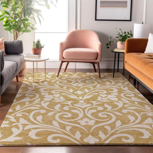HomeRoots 9' X 12' Gold Floral Area Rug - Elegant Ivory Design, Washable, UV Protection, Perfect for Homes 669605