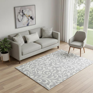 HomeRoots 5' X 8' Gray and Ivory Floral Area Rug - Durable, Washable, UV-Protected, Stain-Resistant Charm 669608