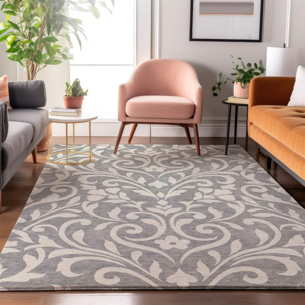 HomeRoots 5' X 8' Gray and Ivory Floral Area Rug - Durable, Washable, UV-Protected, Stain-Resistant Charm 669608