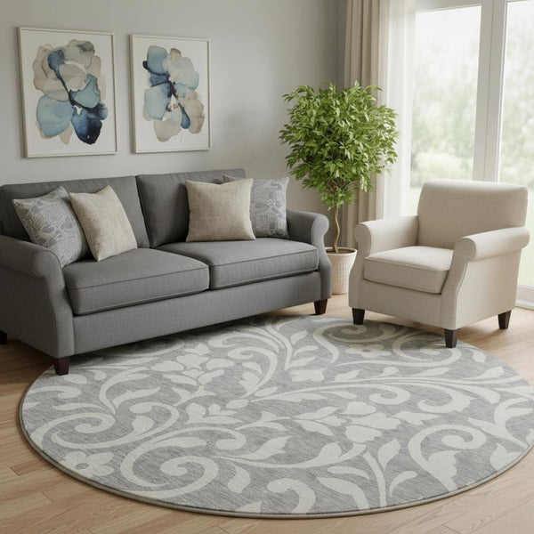 HomeRoots 8' Gray And Ivory Floral Area Rug - Durable, Washable, UV Protected for High-Traffic Spaces & Kids 669609