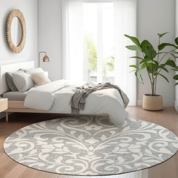 HomeRoots 8' Gray And Ivory Floral Area Rug - Durable, Washable, UV Protected for High-Traffic Spaces & Kids 669609