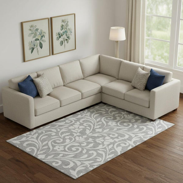 HomeRoots 9' X 12' Gray and Ivory Floral Area Rug - Washable, UV Protected, Durable for High Traffic Spaces 669611