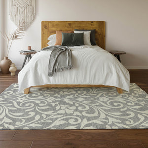 HomeRoots 9' X 12' Gray and Ivory Floral Area Rug - Washable, UV Protected, Durable for High Traffic Spaces 669611
