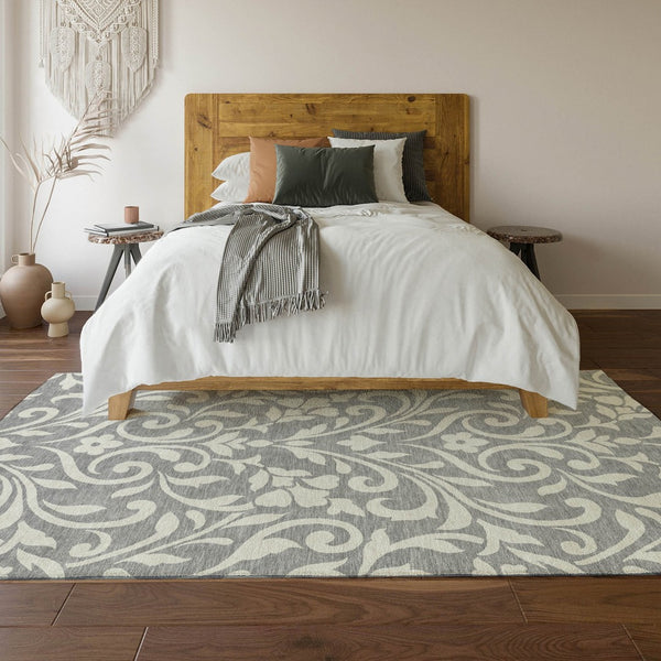 HomeRoots 9' X 12' Gray and Ivory Floral Area Rug - Washable, UV Protected, Durable for High Traffic Spaces 669611