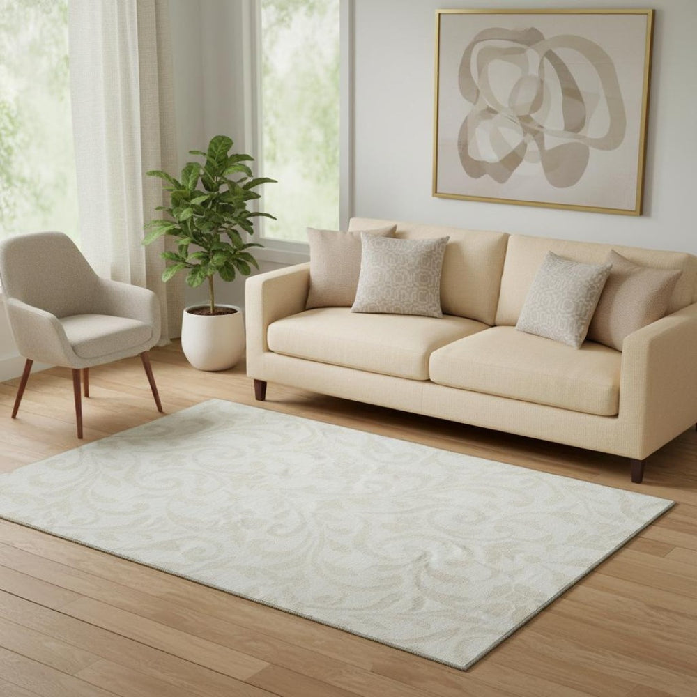 HomeRoots 5' X 8' Ivory Floral Area Rug - Washable, Stain Resistant, UV Protected for Homes with Kids & Pets 669614