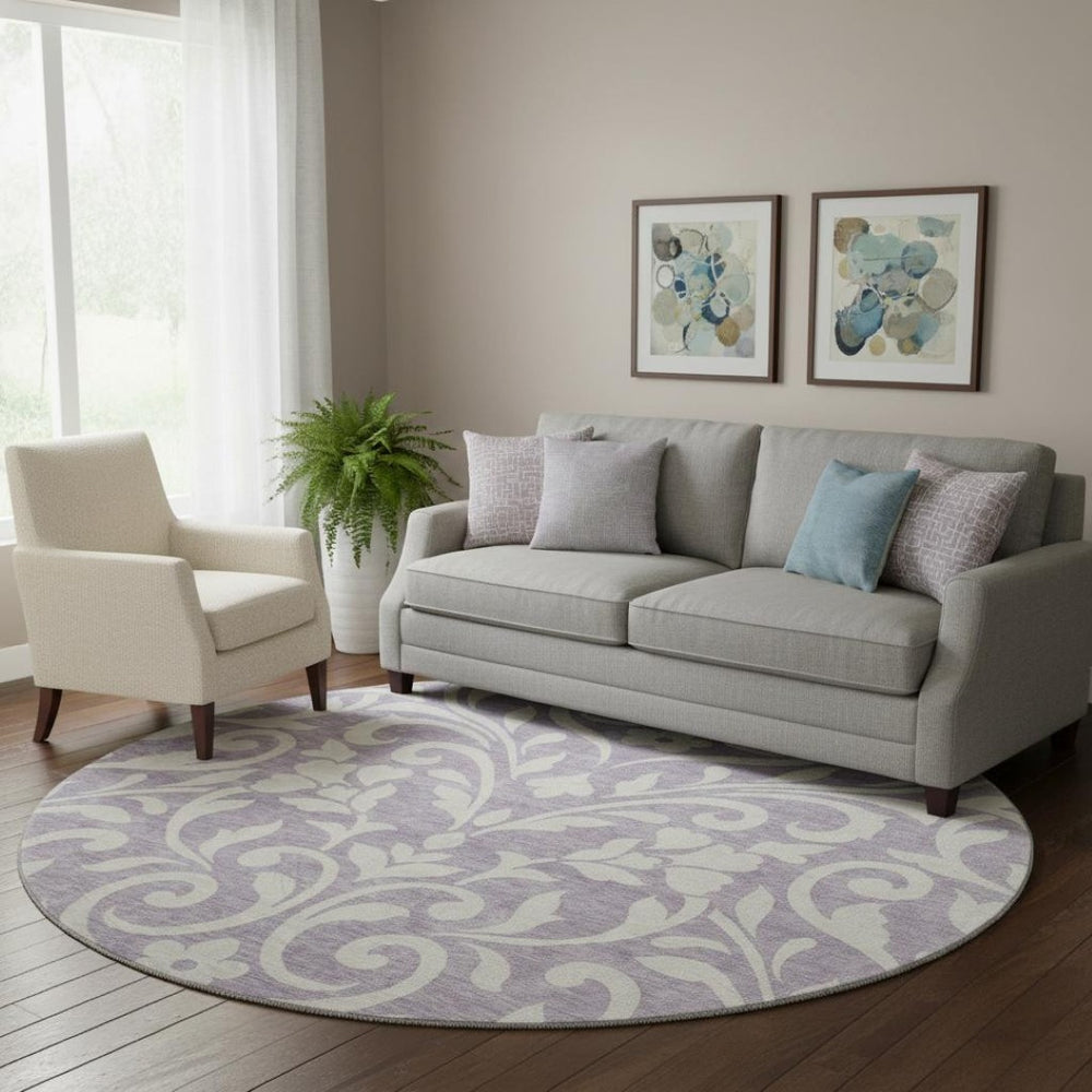 HomeRoots 8' Floral Round Rug in Lavender & Ivory - Washable, Stain-Resistant, UV Protected for Any Room 669621